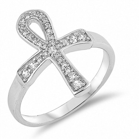 Cross Ankh Eternity Ring Round Simulated Cubic Zirconia