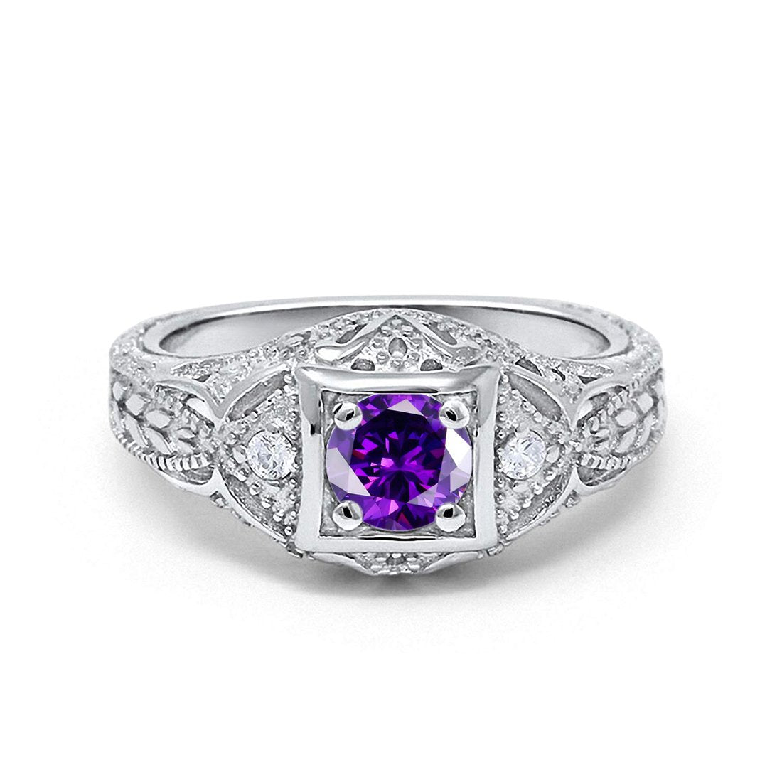 Antique Style Wedding Ring Round Simulated Amethyst CZ