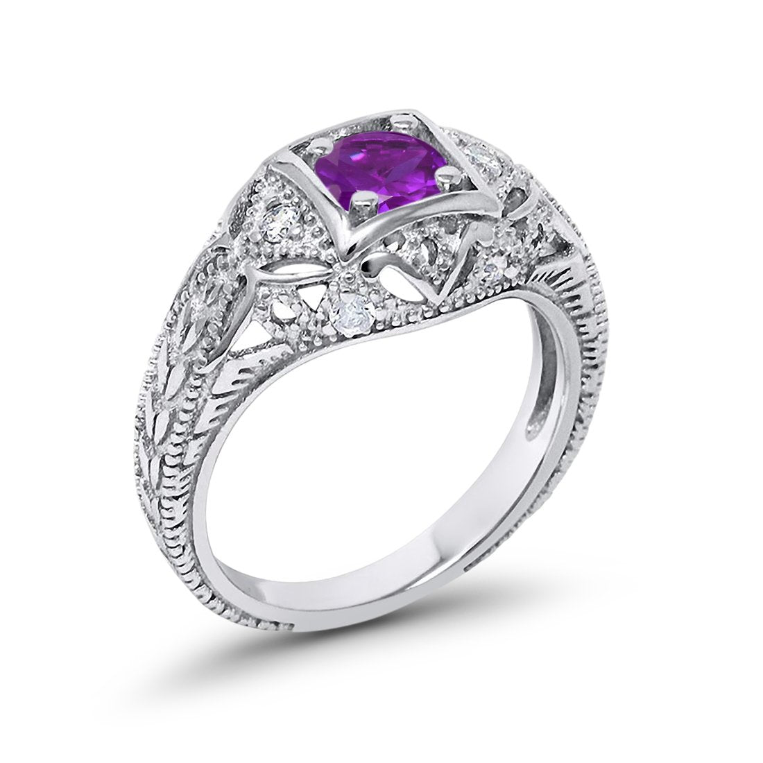 Antique Style Wedding Ring Round Simulated Amethyst CZ