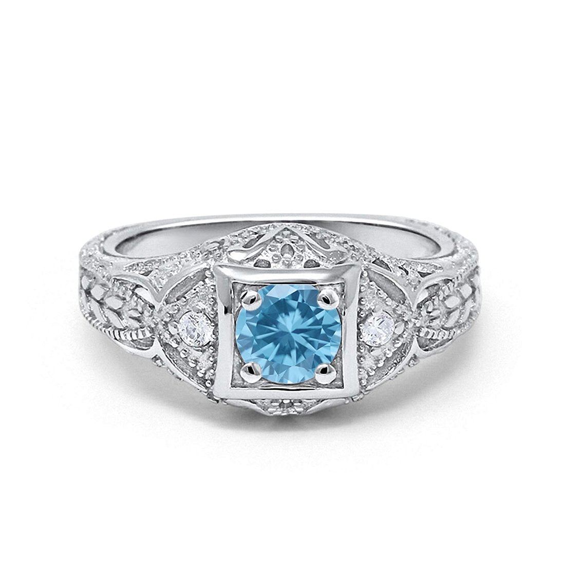 Antique Style Round Simulated Aquamarine CZ Wedding Ring