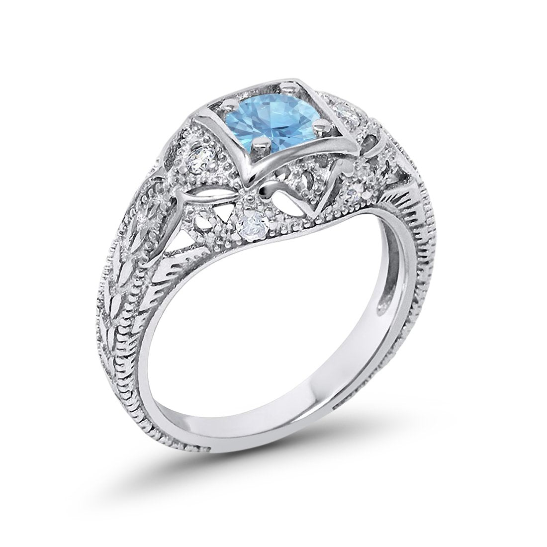 Antique Style Round Simulated Aquamarine CZ Wedding Ring