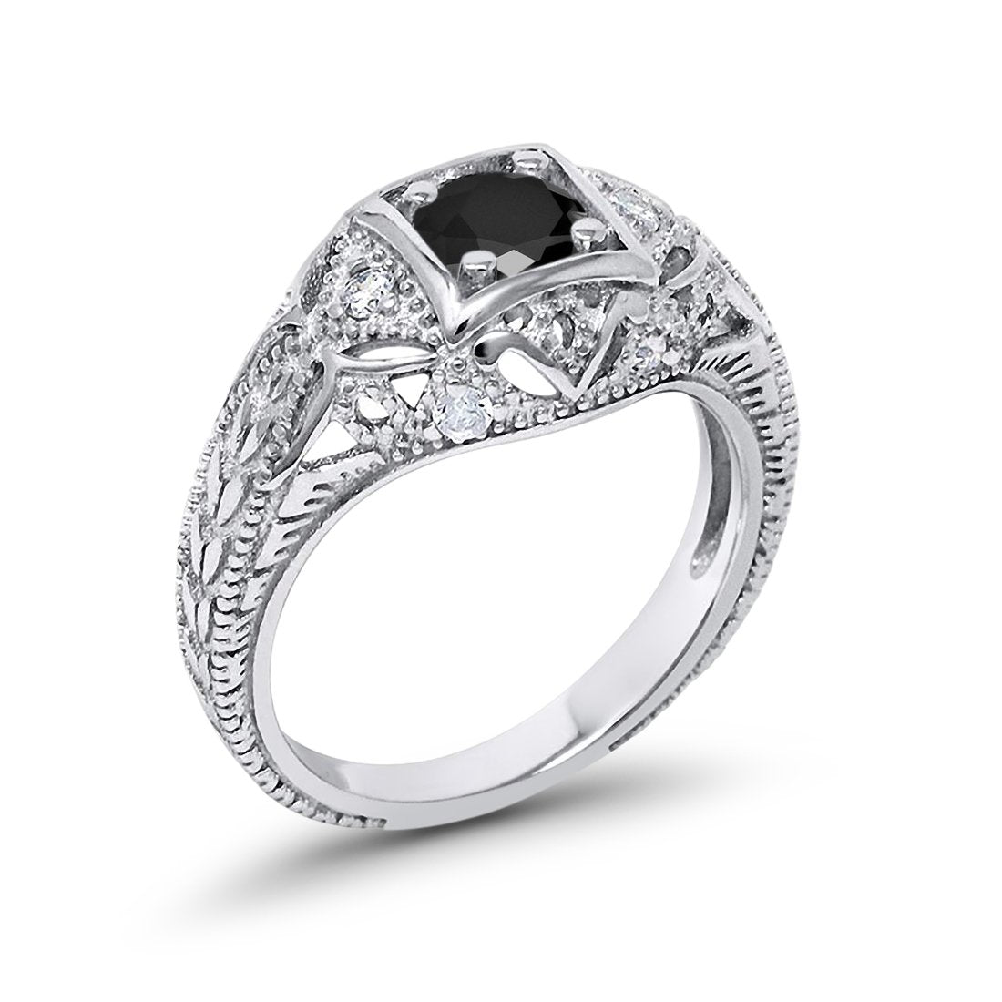 Antique Style Wedding Ring Round Simulated Black CZ