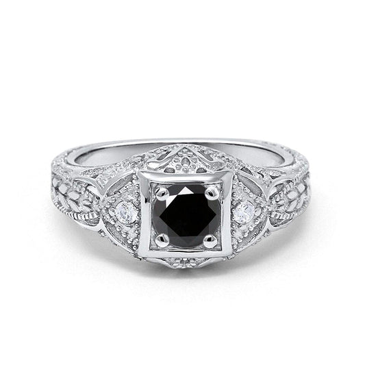 Antique Style Wedding Ring Round Simulated Black CZ