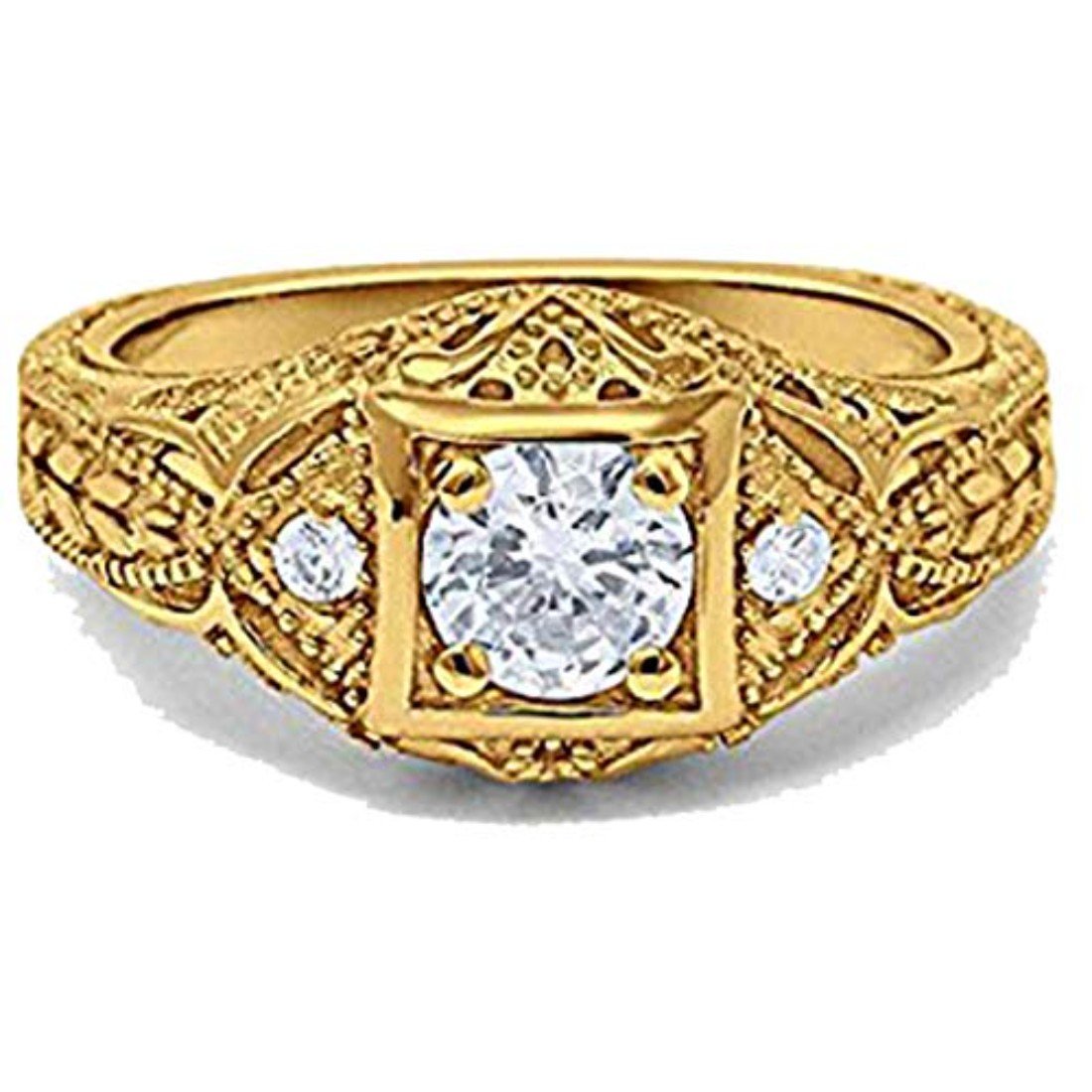 Antique Style Yellow Tone, Simulated Cubic Zirconia Engagement Ring