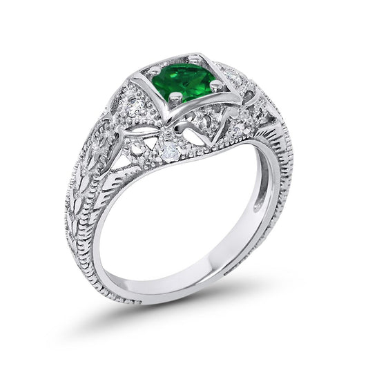 Antique Style Wedding Ring Round Simulated Green Emerald CZ