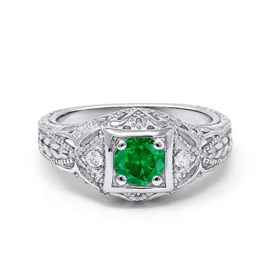 Antique Style Wedding Ring Round Simulated Green Emerald CZ