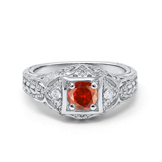 Antique Style Wedding Ring Round Simulated Garnet CZ