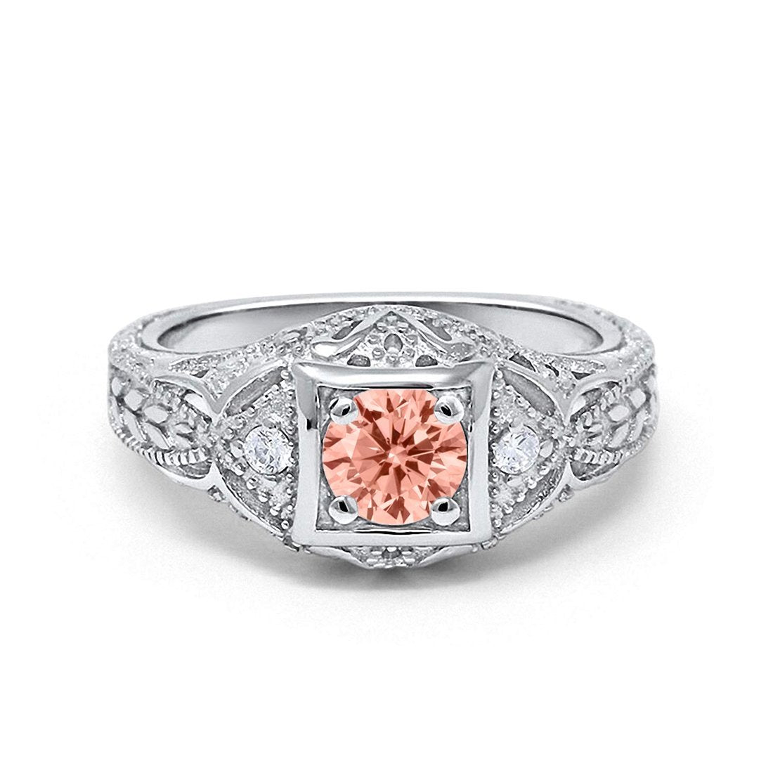 Antique Style Wedding Ring Round Simulated Morganite CZ