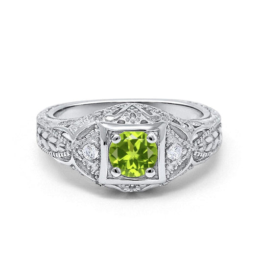 Antique Style Wedding Ring Round Simulated Peridot CZ 925 Sterling Silver