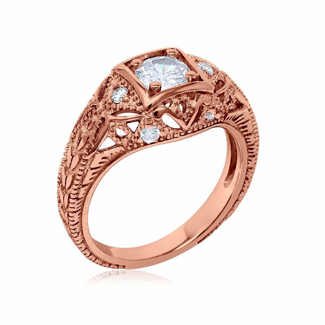 Antique Style Wedding Ring Round Rose Tone, Simulated CZ