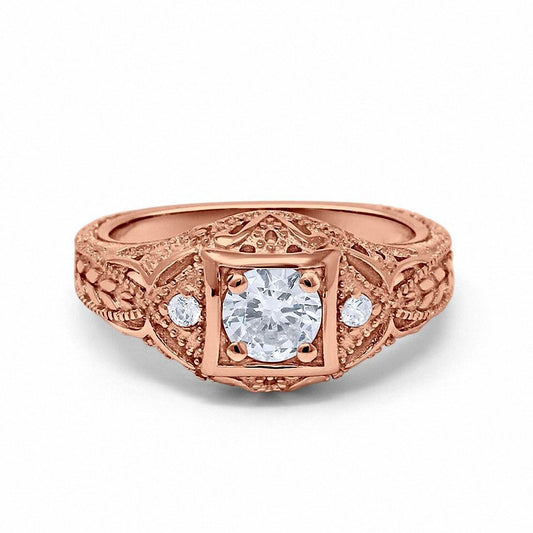 Antique Style Wedding Ring Round Rose Tone, Simulated CZ