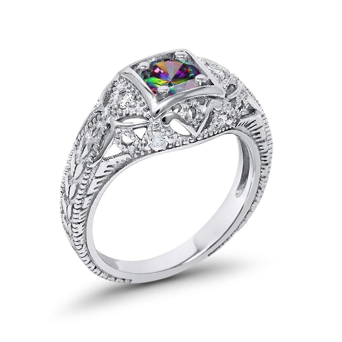 Antique Style Engagement Ring Simulated Rainbow Topaz CZ