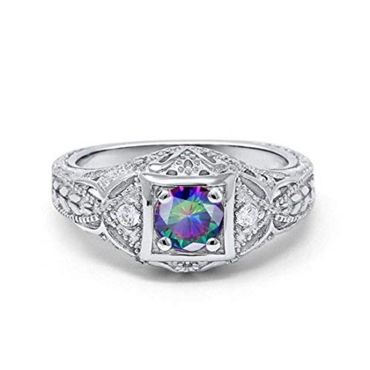 Antique Style Engagement Ring Simulated Rainbow Topaz CZ