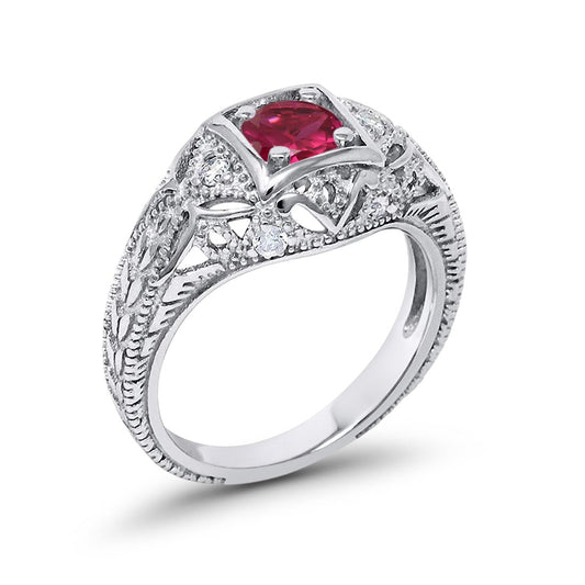 Antique Style Wedding Ring Round Simulated Ruby CZ