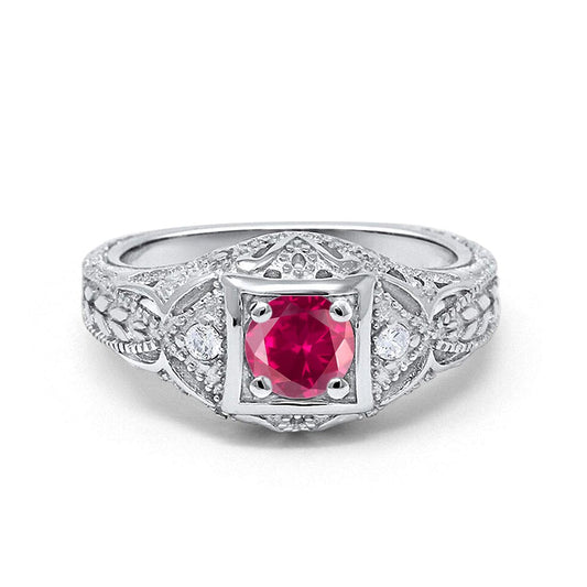 Antique Style Wedding Ring Round Simulated Ruby CZ