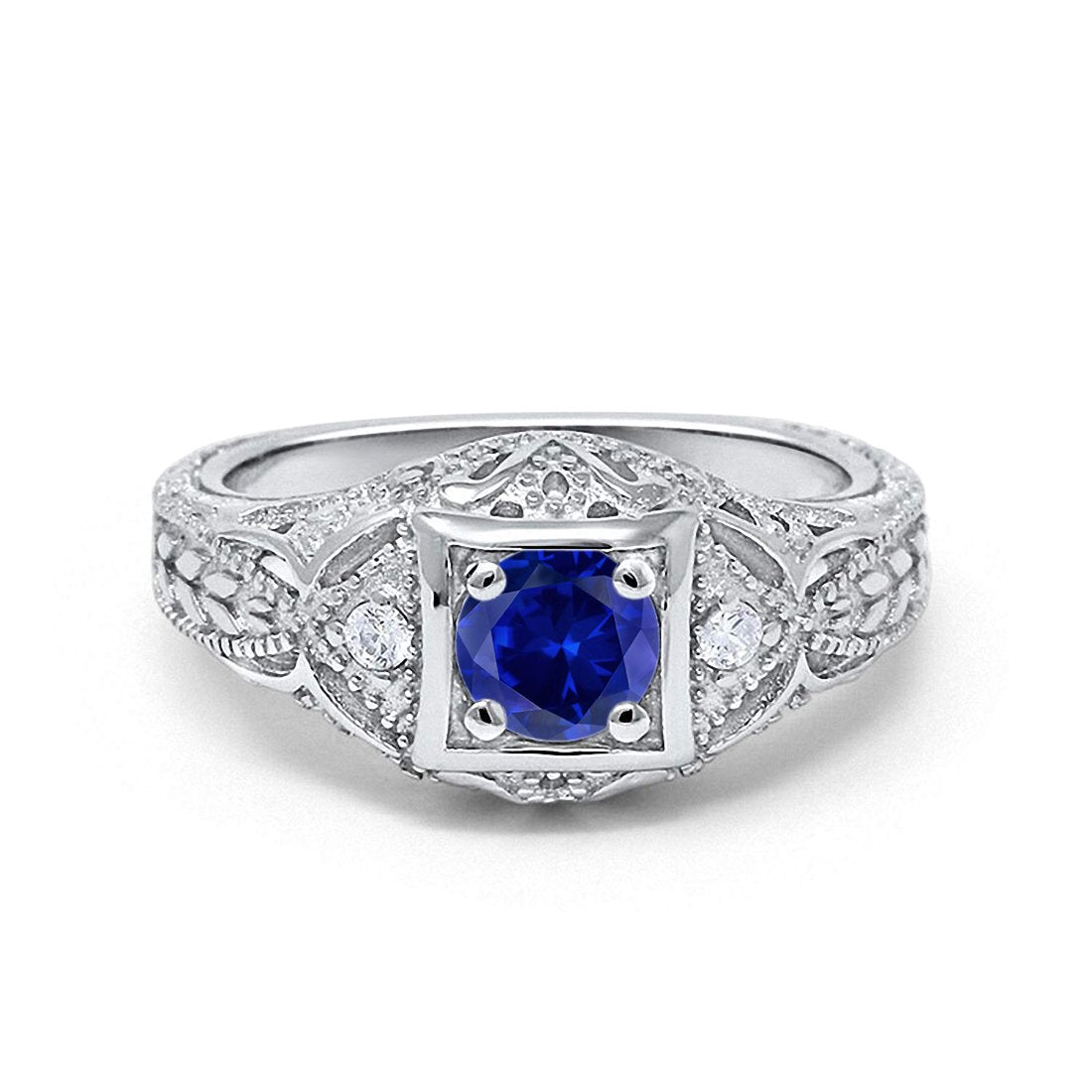 Antique Style Wedding Ring Round Simulated Blue Sapphire CZ