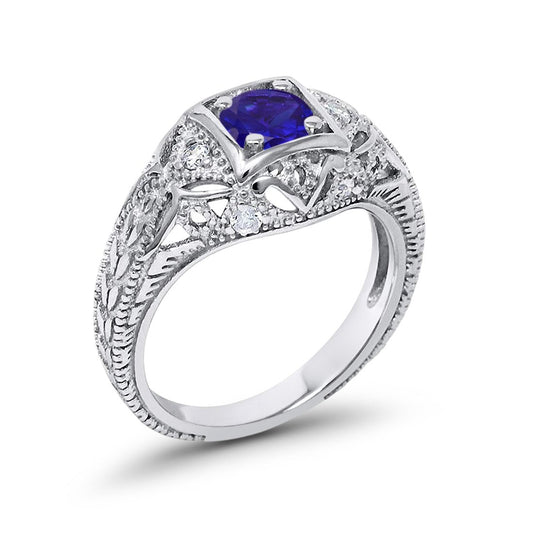 Antique Style Wedding Ring Round Simulated Blue Sapphire CZ