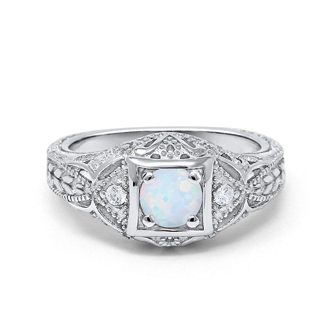 Antique Style Wedding Ring Round Lab Created White Opal