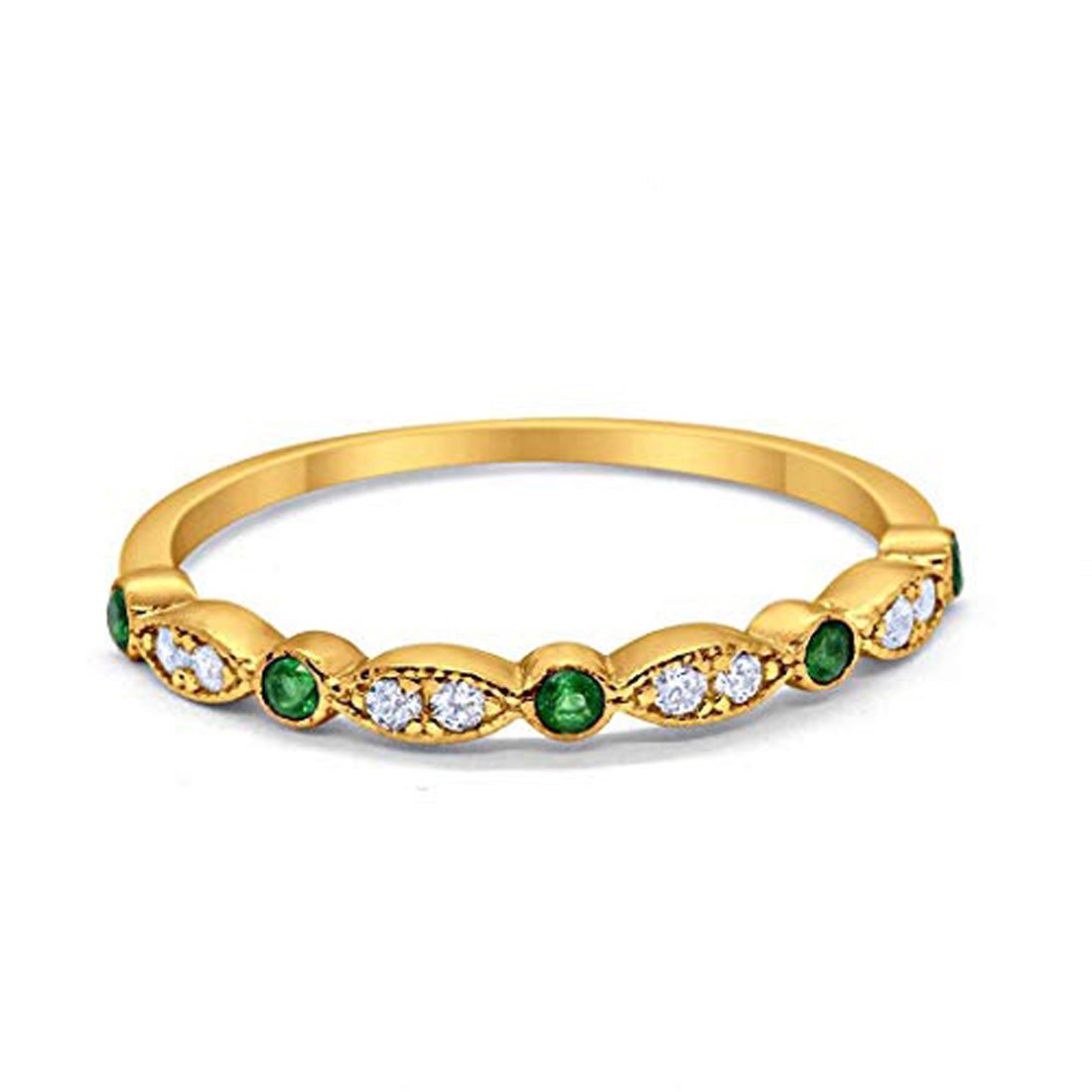 Half Eternity Wedding Band Round Yellow Tone, Simulated Green Emerald CZ