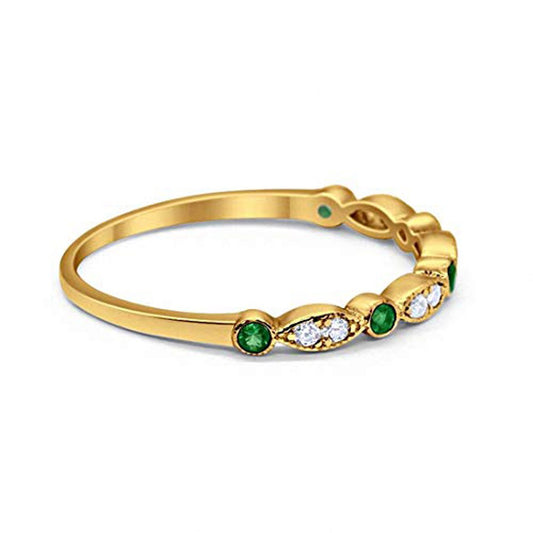 Half Eternity Wedding Band Round Yellow Tone, Simulated Green Emerald CZ