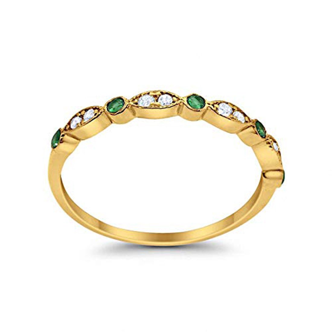 Half Eternity Wedding Band Round Yellow Tone, Simulated Green Emerald CZ