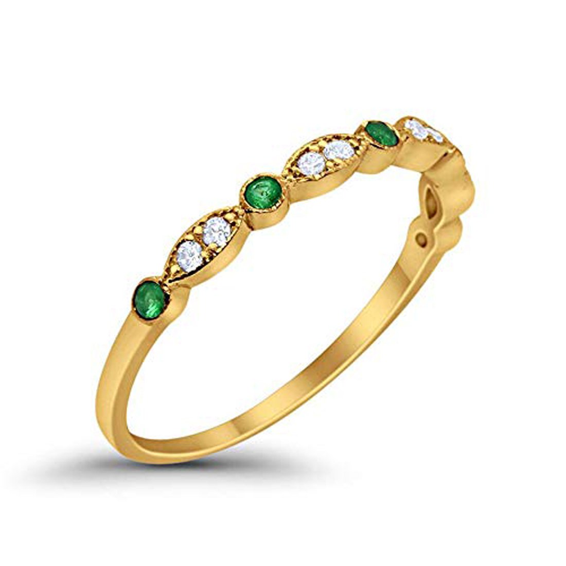 Half Eternity Wedding Band Round Yellow Tone, Simulated Green Emerald CZ