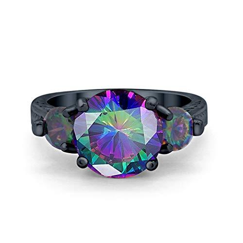 Three Stone Ring Round Black Tone, Simulated Rainbow CZ