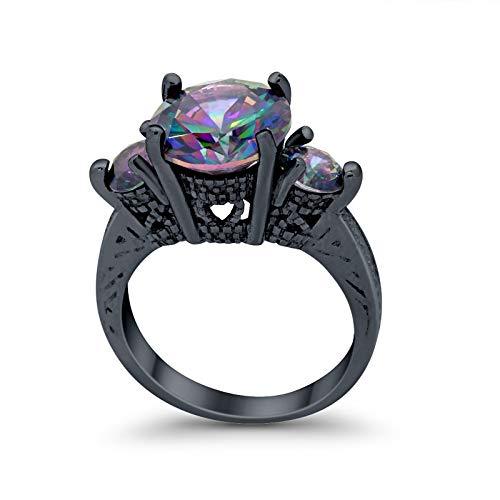 Three Stone Ring Round Black Tone, Simulated Rainbow CZ