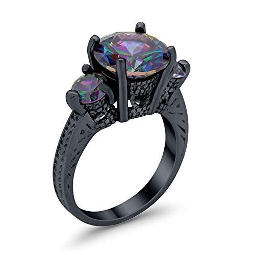 Three Stone Ring Round Black Tone, Simulated Rainbow CZ