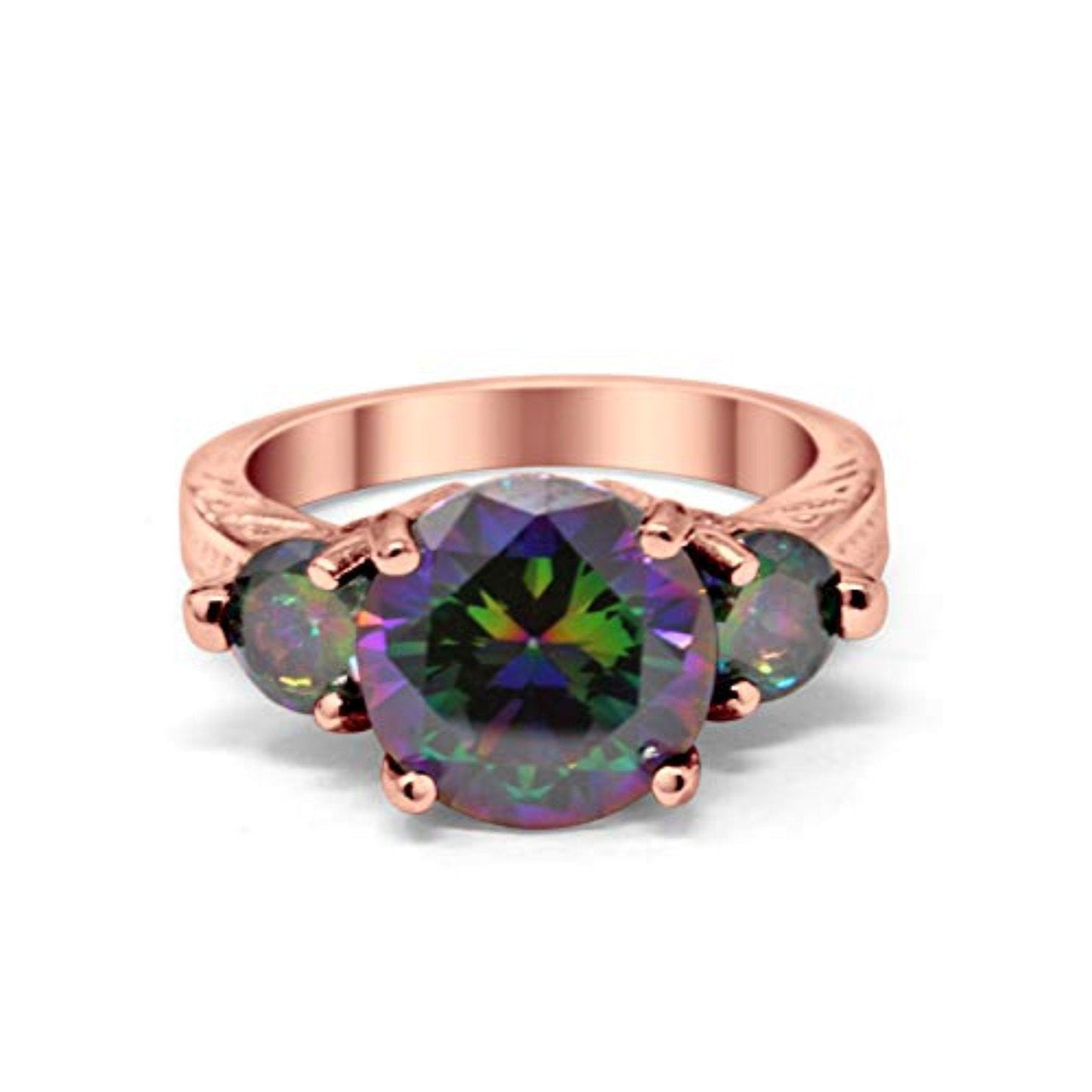 Three Stone Ring Round Rose Tone, Simulated Rainbow CZ