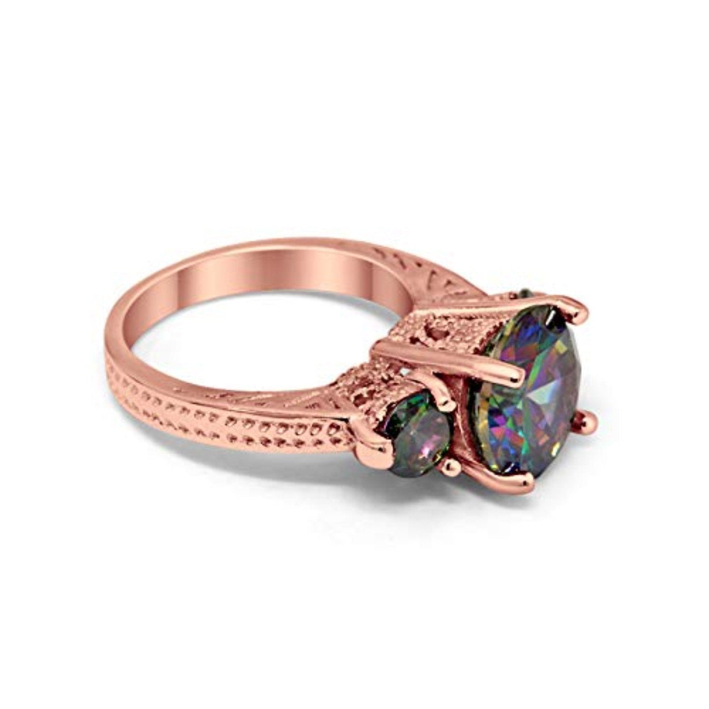 Three Stone Ring Round Rose Tone, Simulated Rainbow CZ