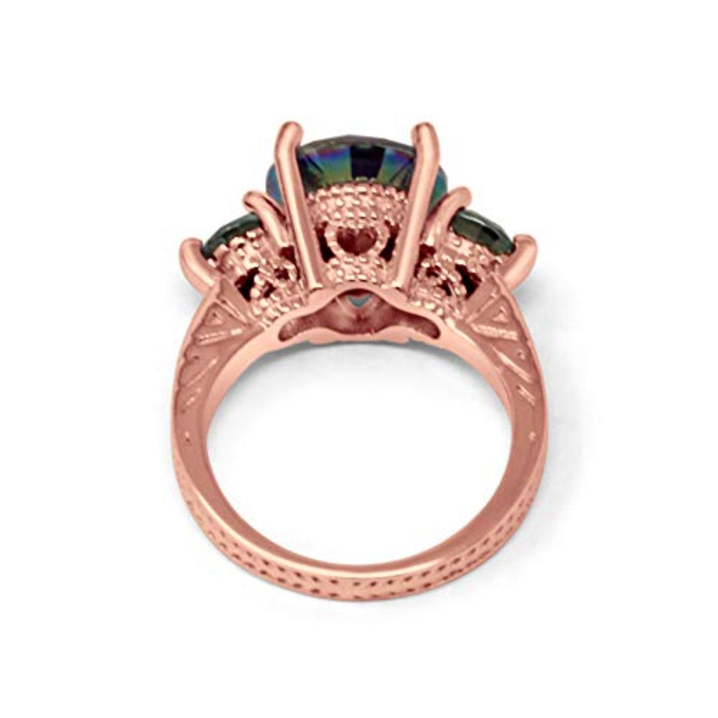 Three Stone Ring Round Rose Tone, Simulated Rainbow CZ