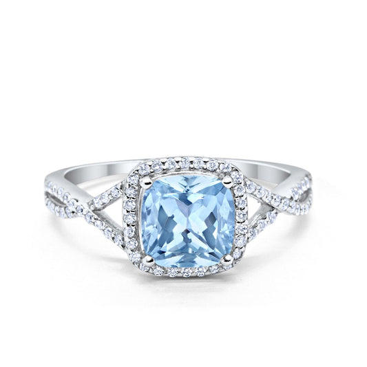 Halo Infinity Shank Engagement Ring Cushion Round Simulated Aquamarine CZ