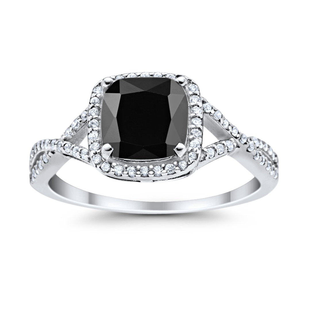 Halo Infinity Shank Engagement Ring Cushion Round Simulated Black CZ