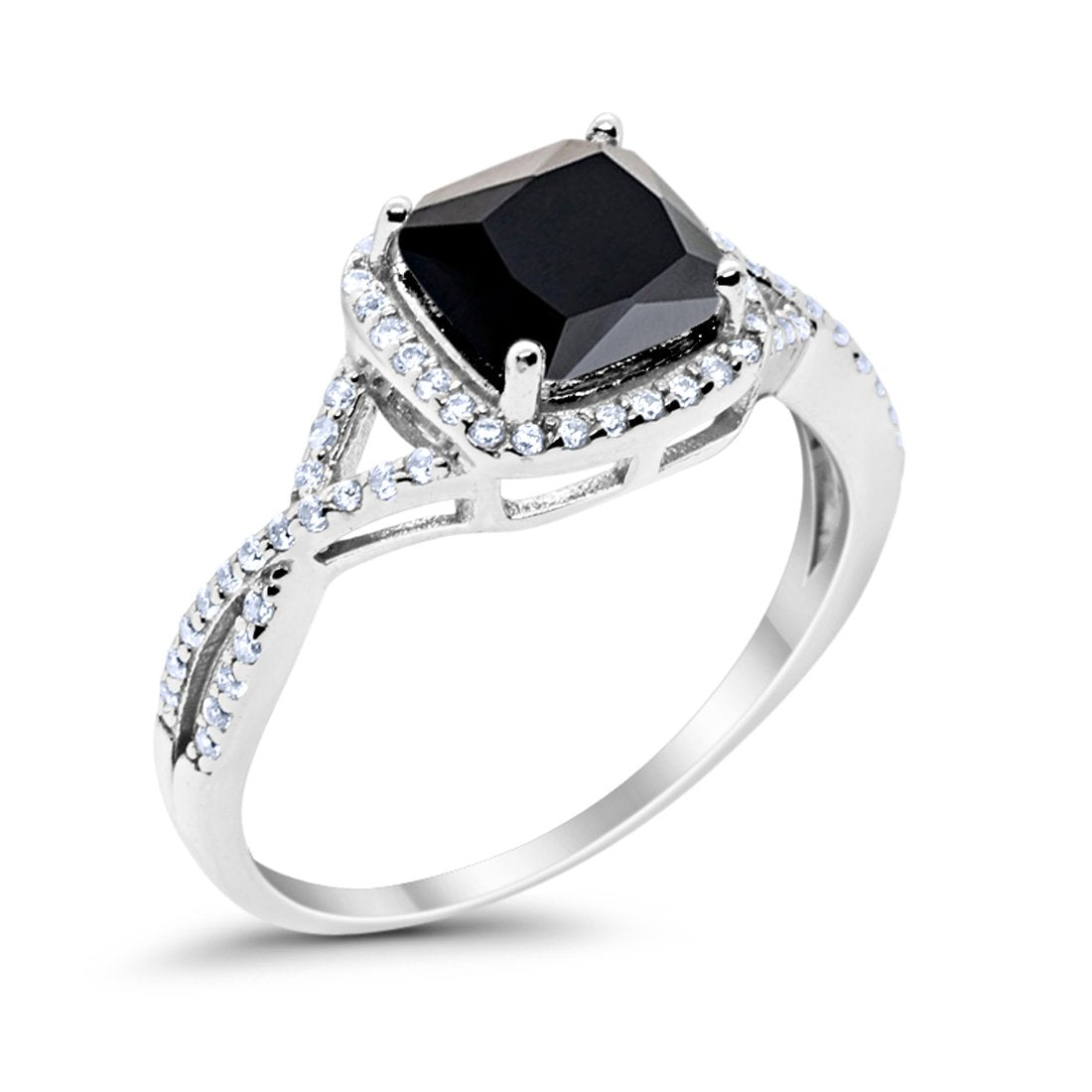 Halo Infinity Shank Engagement Ring Cushion Round Simulated Black CZ