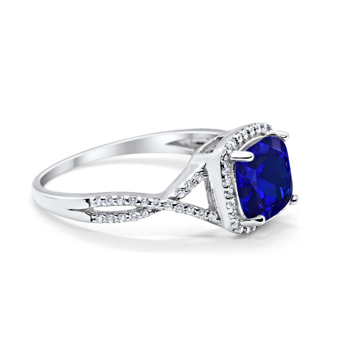 Halo Infinity Shank Engagement Ring Cushion Round Simulated Blue Sapphire CZ