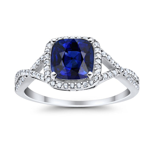 Halo Infinity Shank Engagement Ring Cushion Round Simulated Blue Sapphire CZ