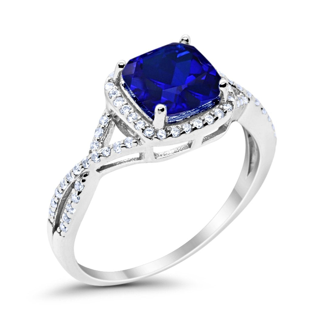 Halo Infinity Shank Engagement Ring Cushion Round Simulated Blue Sapphire CZ