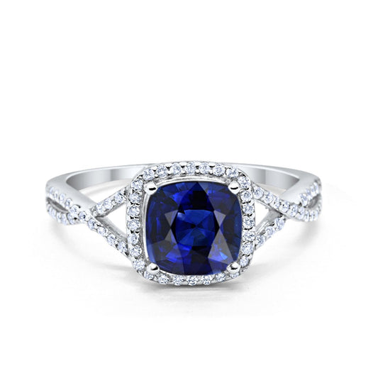 Halo Infinity Shank Engagement Ring Cushion Round Simulated Blue Sapphire CZ