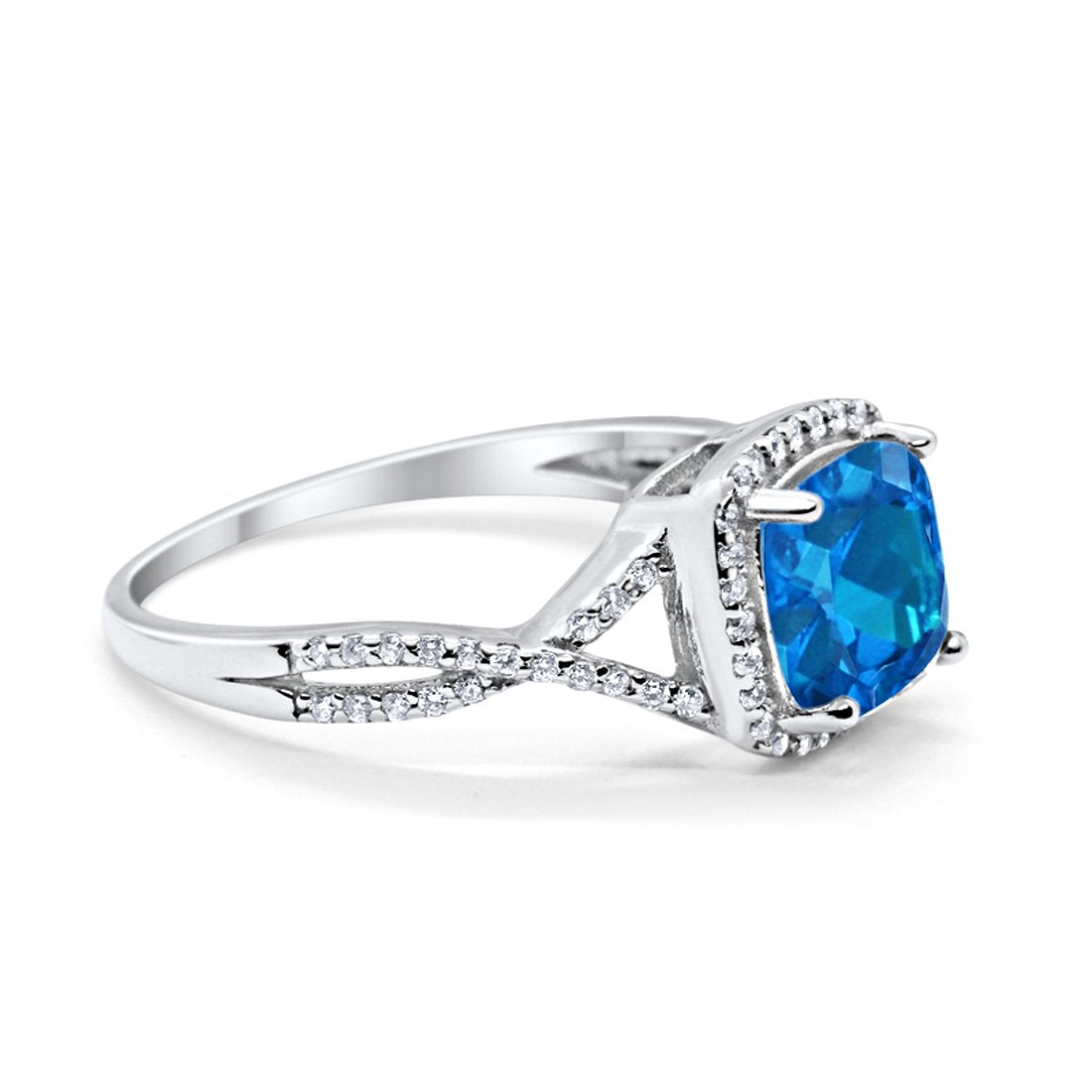 Halo Infinity Shank Engagement Ring Cushion Round Simulated Blue Topaz CZ