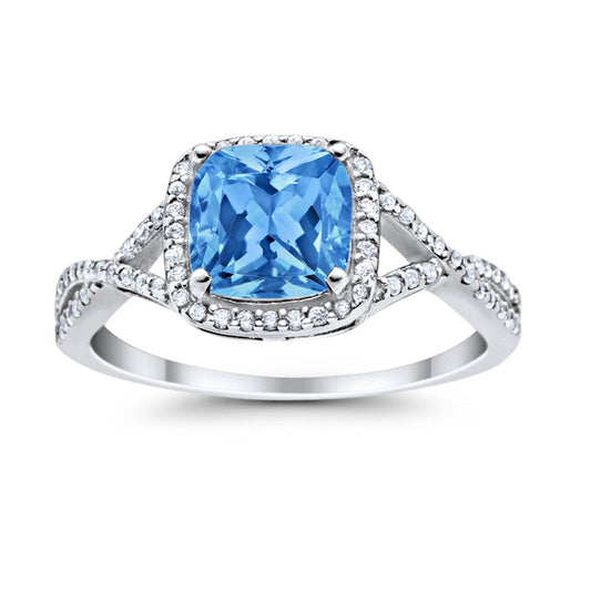 Halo Infinity Shank Engagement Ring Cushion Round Simulated Blue Topaz CZ