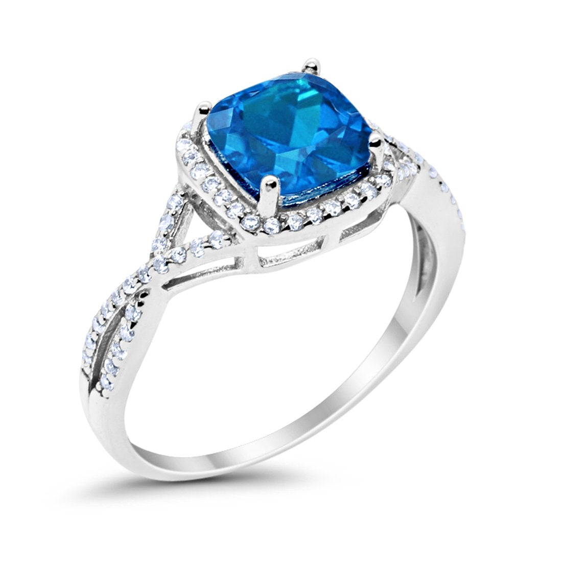 Halo Infinity Shank Engagement Ring Cushion Round Simulated Blue Topaz CZ