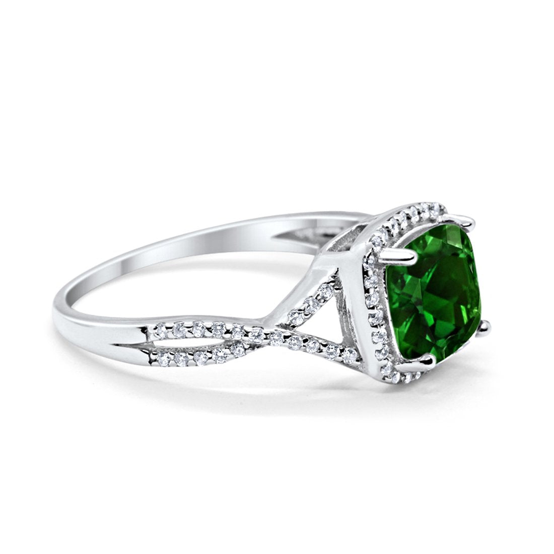 Halo Infinity Shank Engagement Ring Cushion Round Simulated Green Emerald CZ