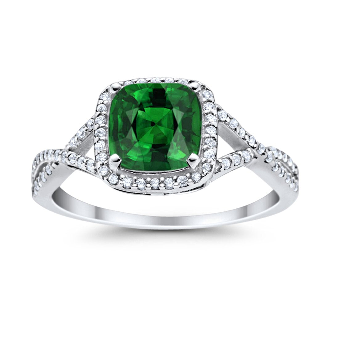 Halo Infinity Shank Engagement Ring Cushion Round Simulated Green Emerald CZ