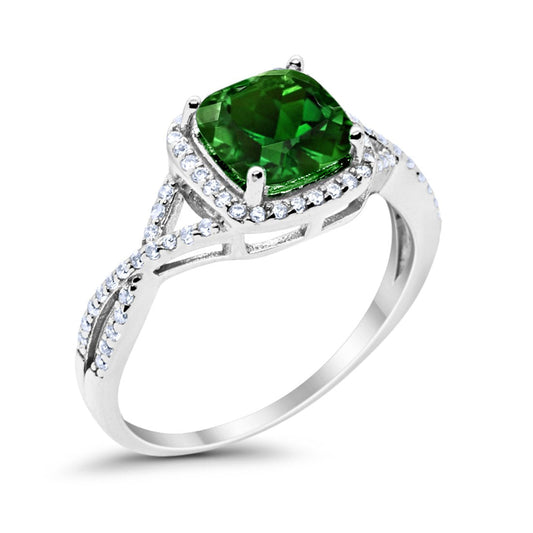 Halo Infinity Shank Engagement Ring Cushion Round Simulated Green Emerald CZ