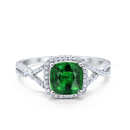 Halo Infinity Shank Engagement Ring Cushion Round Simulated Green Emerald CZ