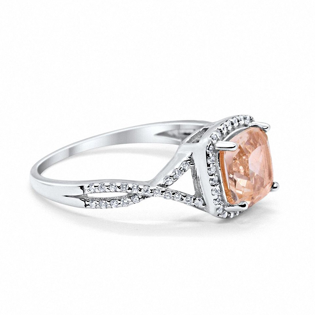 Halo Infinity Shank Cushion Round Simulated Morganite CZ Engagement Ring