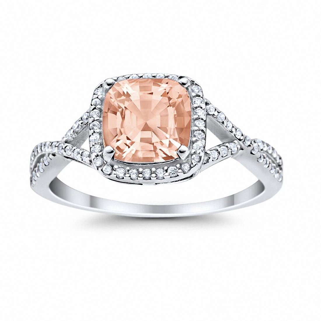 Halo Infinity Shank Cushion Round Simulated Morganite CZ Engagement Ring