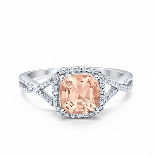 Halo Infinity Shank Cushion Round Simulated Morganite CZ Engagement Ring