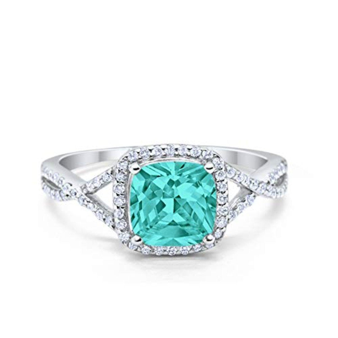 Halo Infinity Shank Engagement Ring Cushion Simulated Paraiba Tourmaline CZ